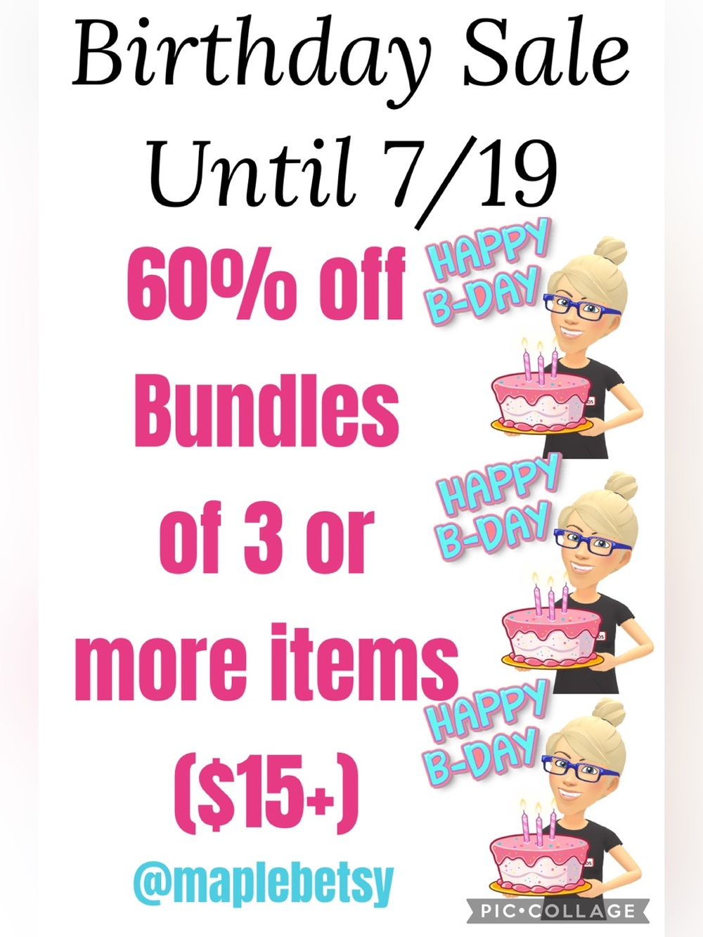 Help me celebrate birthday #61 with a 60% off sale bundles of 3 items $15+!